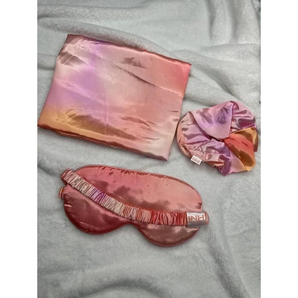 INH Sweet Dreams Satin Sleep Set Pillowcase Eye Mask Scrunchie Pink Orange New